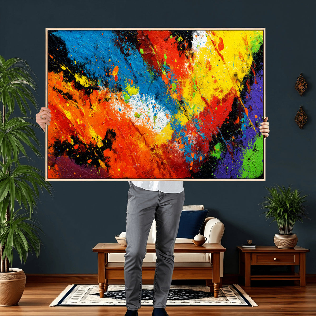 74888753-MGV-CV-36X24 - Vibrant Blue Abstract Canvas Wall Art Colorful Impasto Oil Painting Print