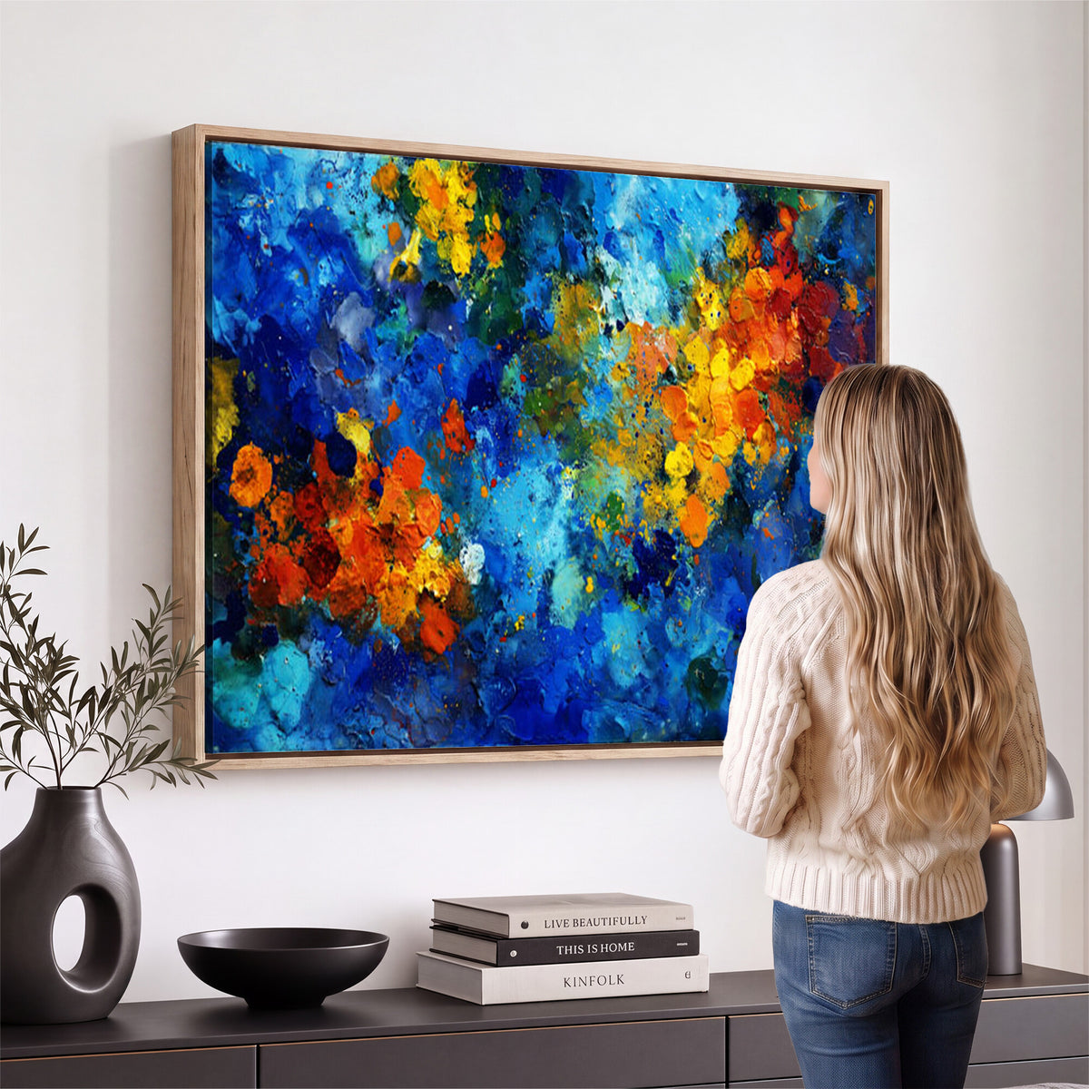 52431611-MGV-CV-36X24 - Vibrant Blue Abstract Canvas Wall Art Colorful Painterly Oil Painting Style Print