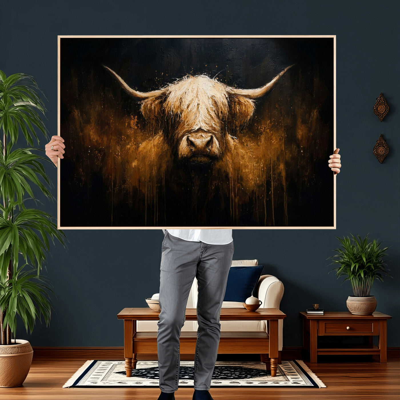 79873059-MGV-CV-36X24 - Rustic Highland Cow Canvas Print Dark Farmhouse Cattle Wall Decor
