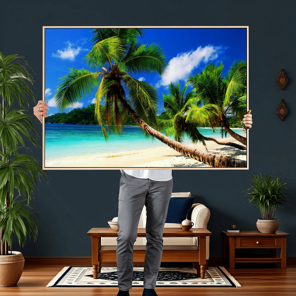 67049818-MGV-CV-36X24 - Tropical Island Coconut Palm Trees Wall Art Canvas Print - Turquoise Beach Print for Lake Home Decor