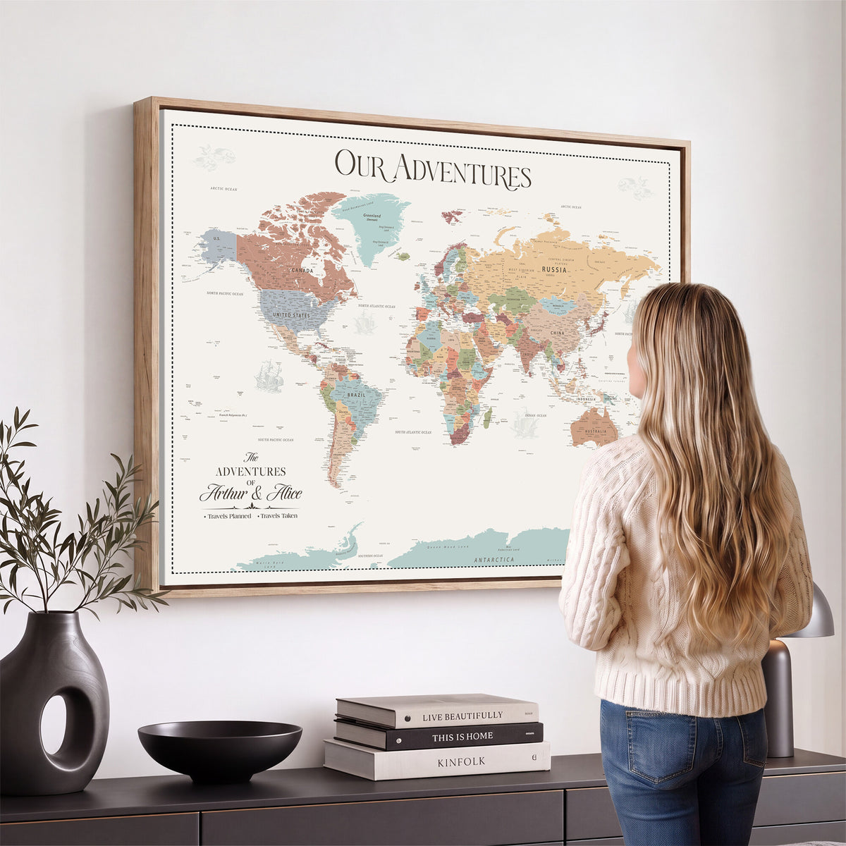 NEWMAP-4-MGV-CV-36X24 - Custom World Travel Map Wall Art with Pins, Places Visited Tracker, Family Room and Bedroom Decor