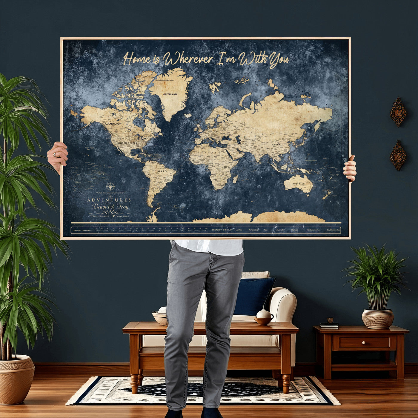 400867BL-MGV-CV-36X24 - Framed Blue Custom Push Pin World Map Canvas Print – Personalized Travel Map Wall Art