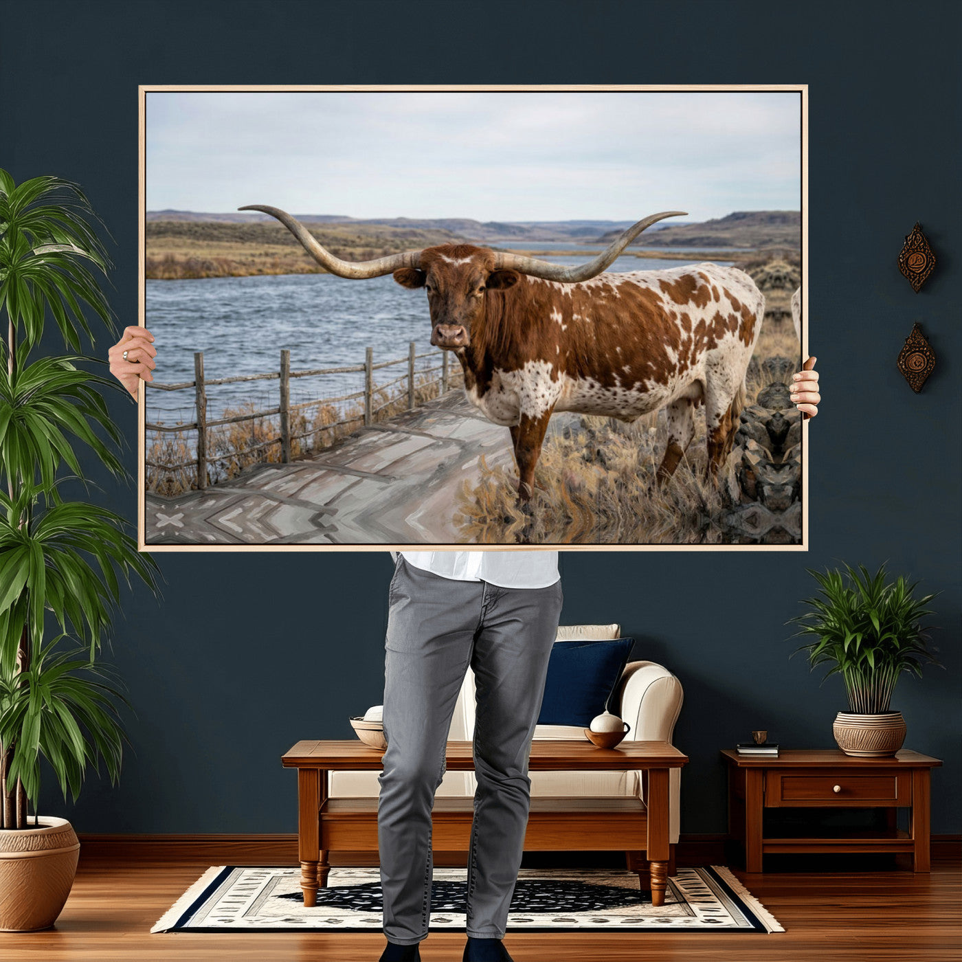 91575949-MGV-CV-36X24 - Texas Longhorn Cattle in Desert Pasture Wall Art Canvas Print - Rustic Western Decor