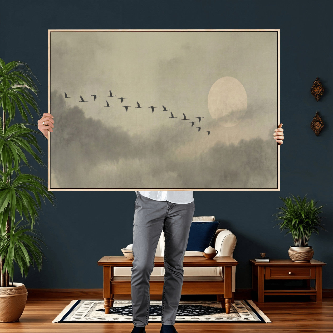 12098149-MGV-CV-36X24 - Flock of Birds Flying to Full Moon Wall Art Canvas Print - Vintage Surreal Clouds Painting