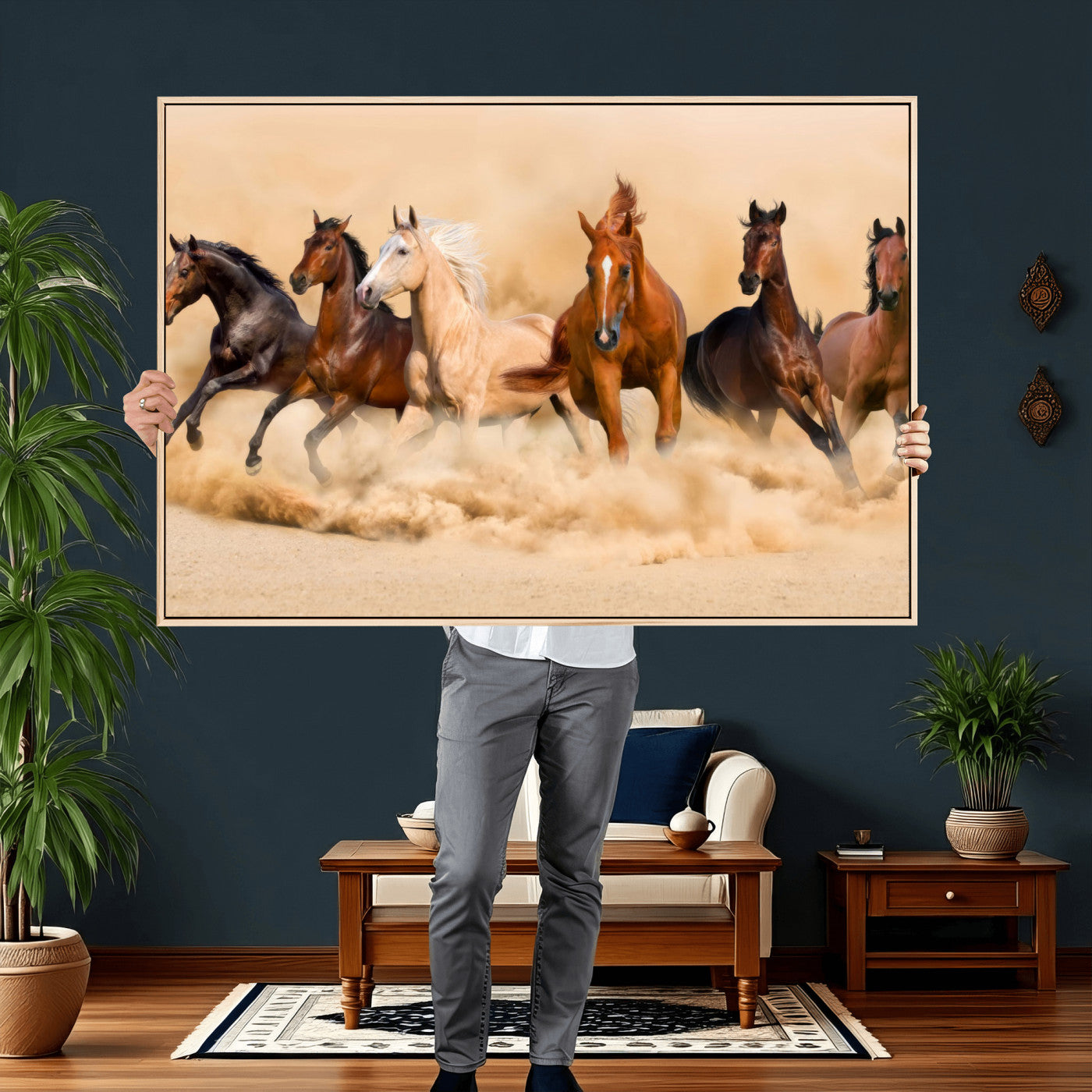 90610949-MGV-CV-36X24 - Herd of Six Wild Horses Galloping in Dust Storm Wall Art Canvas Print - Majestic Wildlife Decor