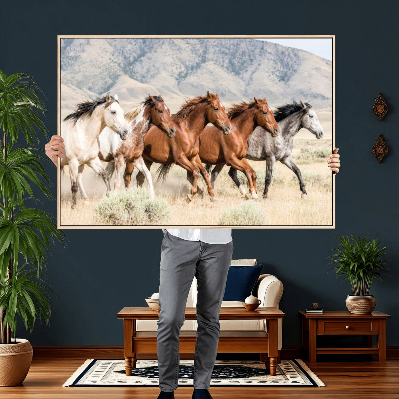 68345893-MGV-CV-36X24 - Five Mustangs Running Wild in Mountain Valley Wall Art Canvas Print - Rustic Western Decor