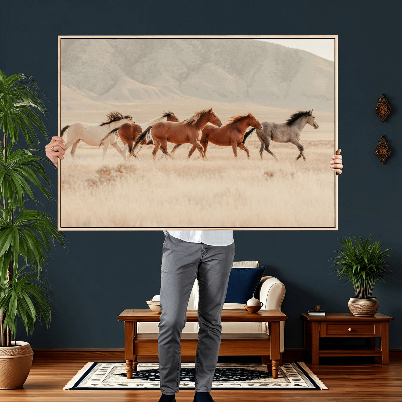 43348446-MGV-CV-36X24 - Herd of Wild Horses Running in Desert Mountain Wall Art Canvas Print - Boho Western Landscape
