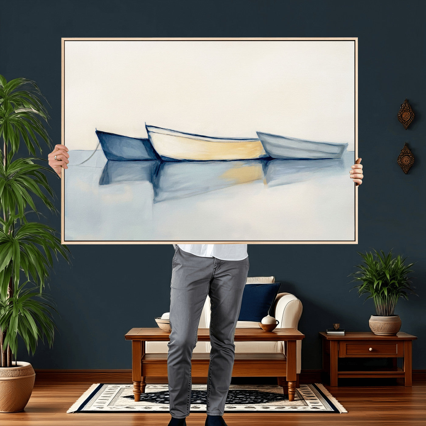 84017361-MGV-CV-36X24 - Abstract Three Boats Reflecting on Water Wall Art Canvas Print - Minimalist Coastal Seascape