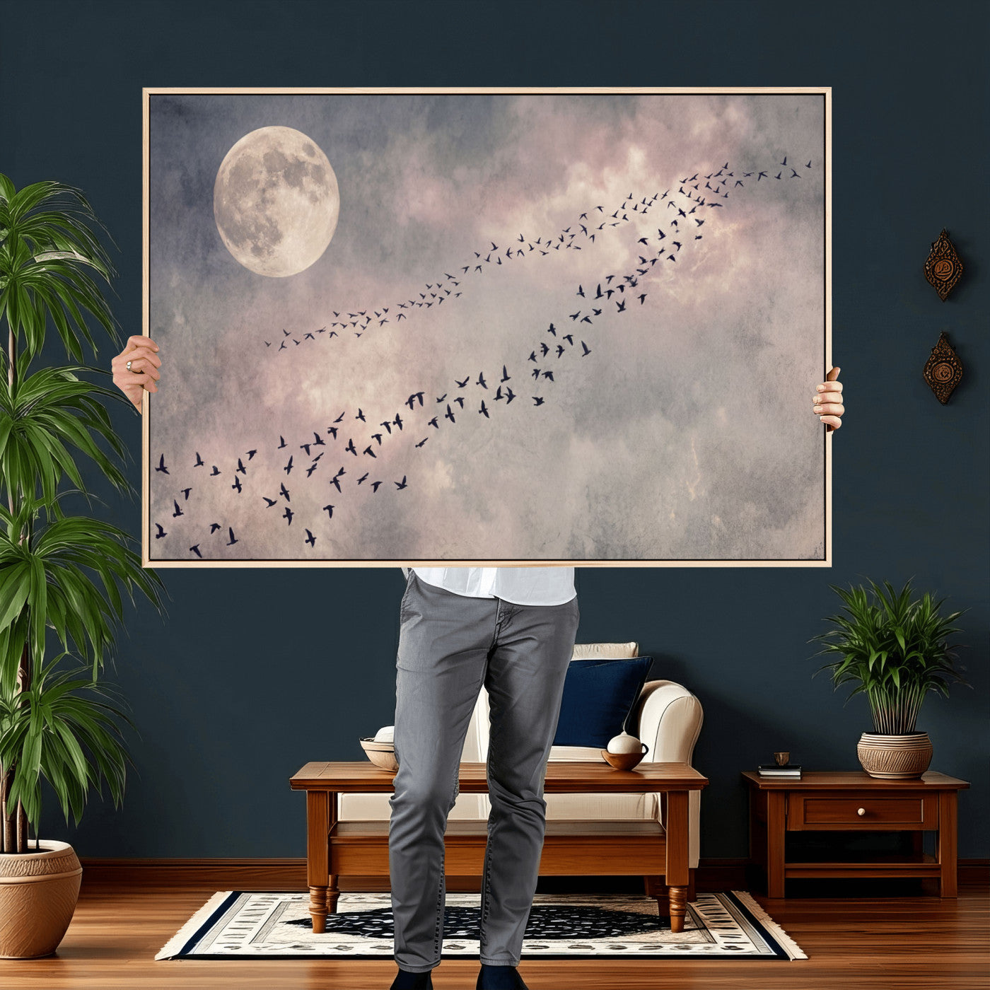 52339590-MGV-CV-36X24 - Birds Flying to Moon Wall Art Canvas Print - Vintage Surreal Night Sky Sky Print