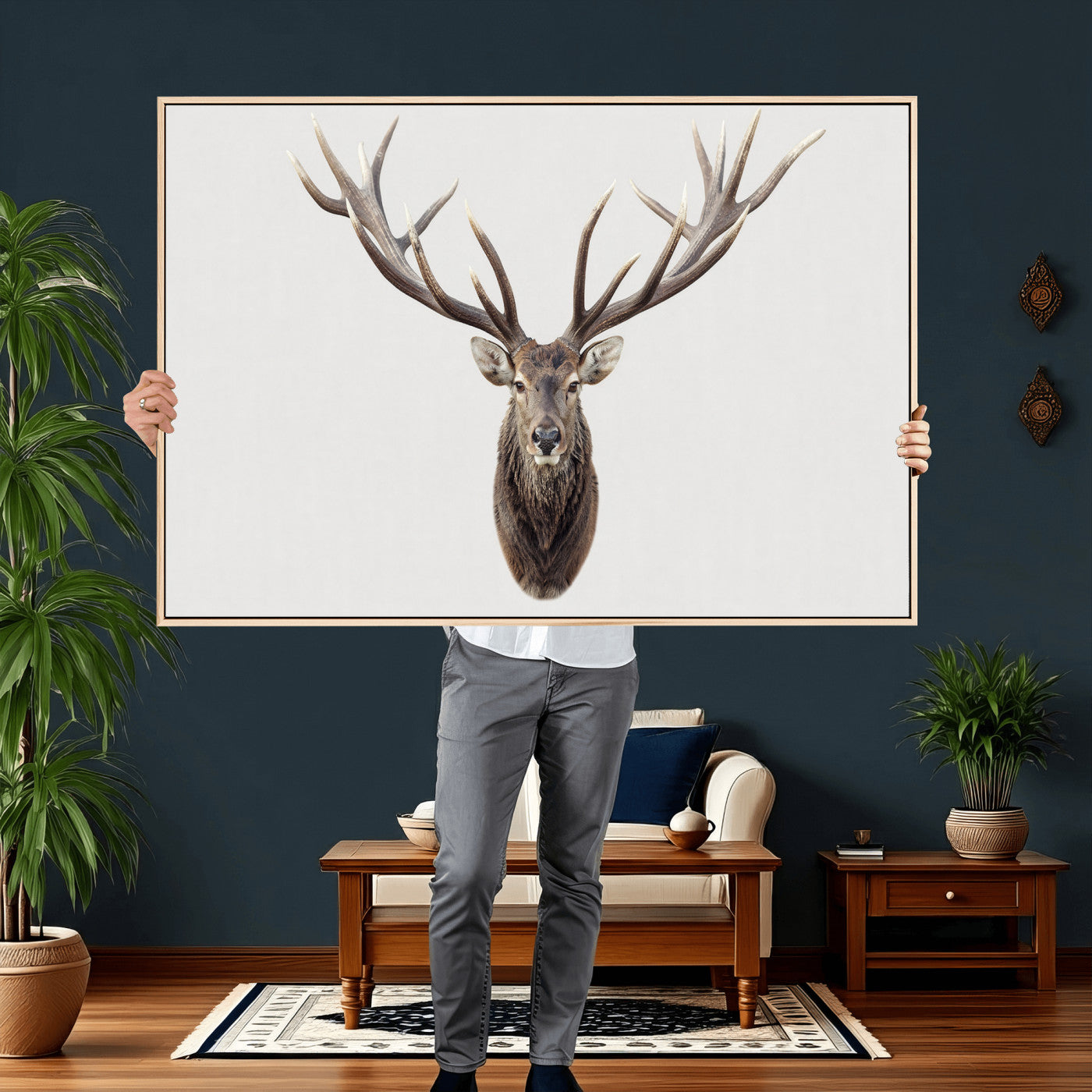 840173GY-MGV-CV-36X24 - Majestic Red Deer Canvas Wall Art – Stag Antlers Horns Print, Wildlife Hunting Poster, Rustic Cabin Lodge Decor
