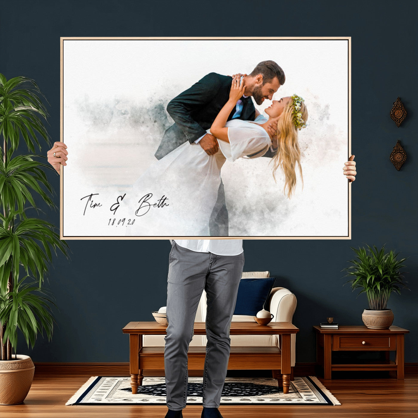39726003-MGV-CV-36X24 - Watercolor Couple Portrait from Photo, Custom Wedding Anniversary Gift for Wife Husband Parents, Engagement Gift for Friend