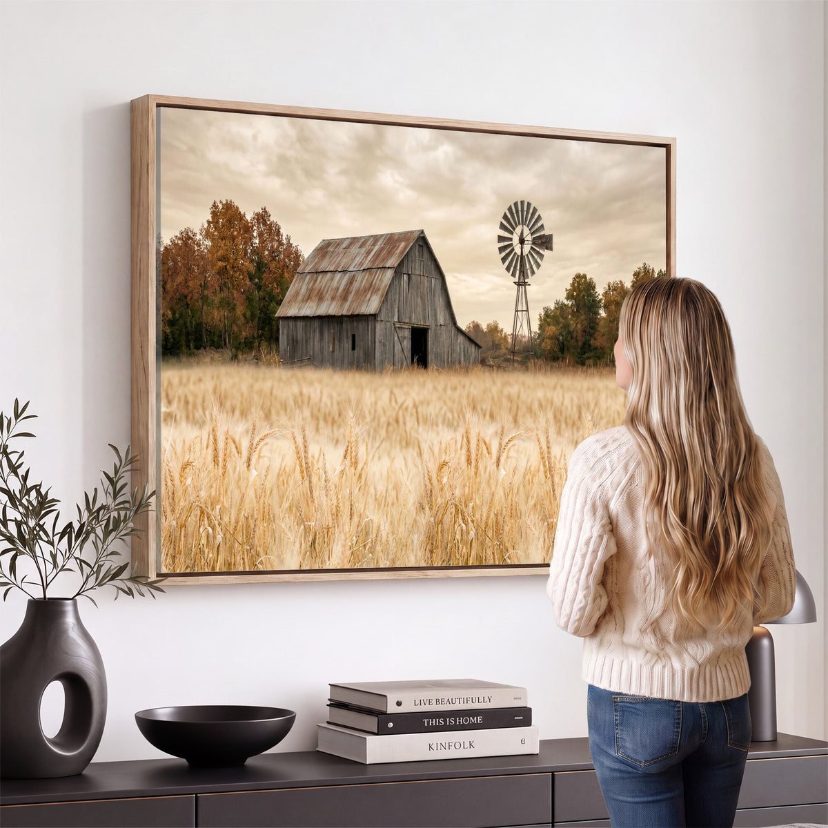 99640659-MGV-CV-36X24 - Rustic Farmhouse Barn and Windmill Wall Art Canvas Print, Country Landscape Photography Print