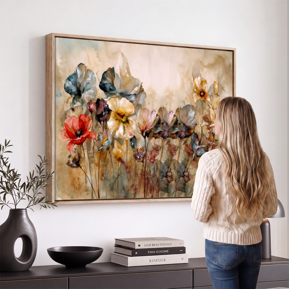 11407233-MGV-CV-36X24 - Vintage Dried Floral Meadow Wall Art Canvas Print, Translucent Watercolor Flowers Painting Print