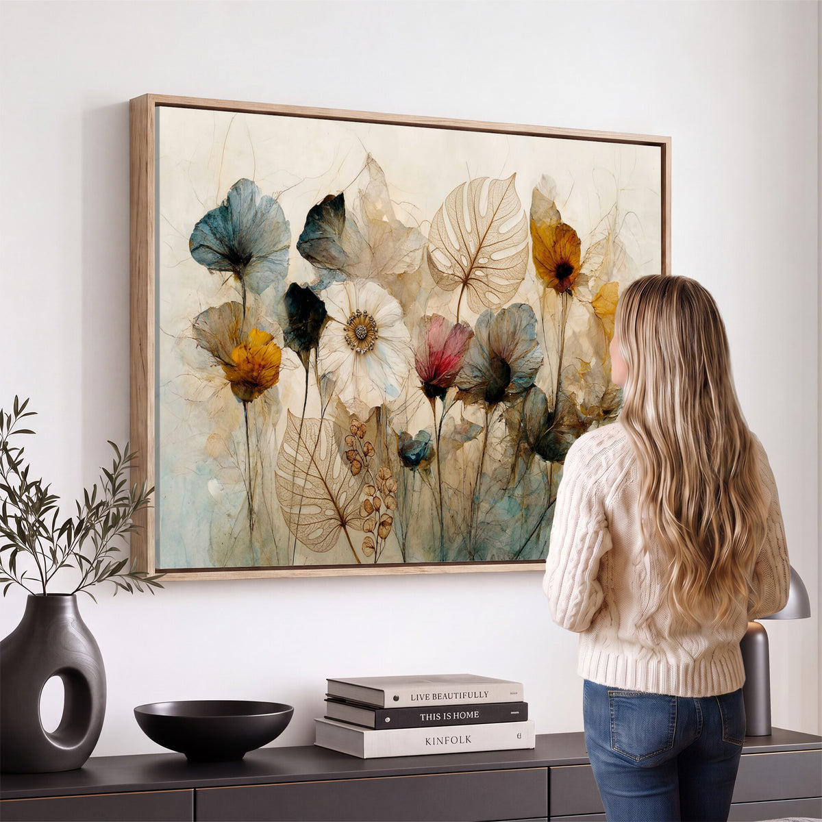 93171612-MGV-CV-36X24 - Vintage Dried Floral Meadow Wall Art Canvas Print, Translucent Watercolor Flowers Painting Print