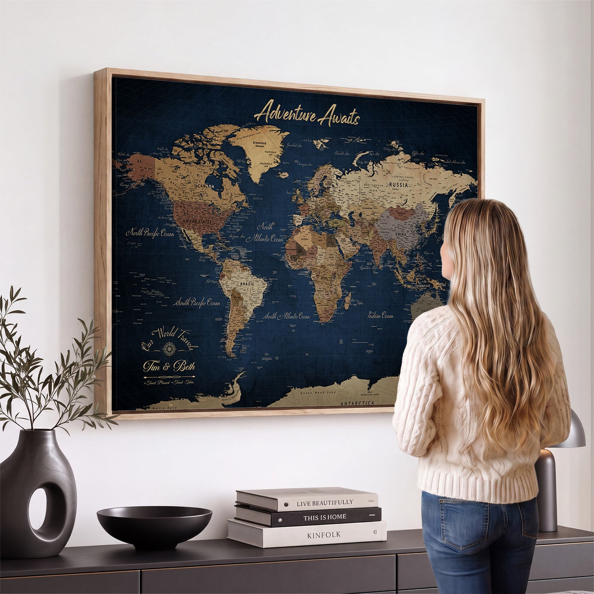 74477969-MGV-CV-36X24 - Custom Push Pin Travel Map Canvas Print, Family Travel Tracker, Study and Entryway Decor