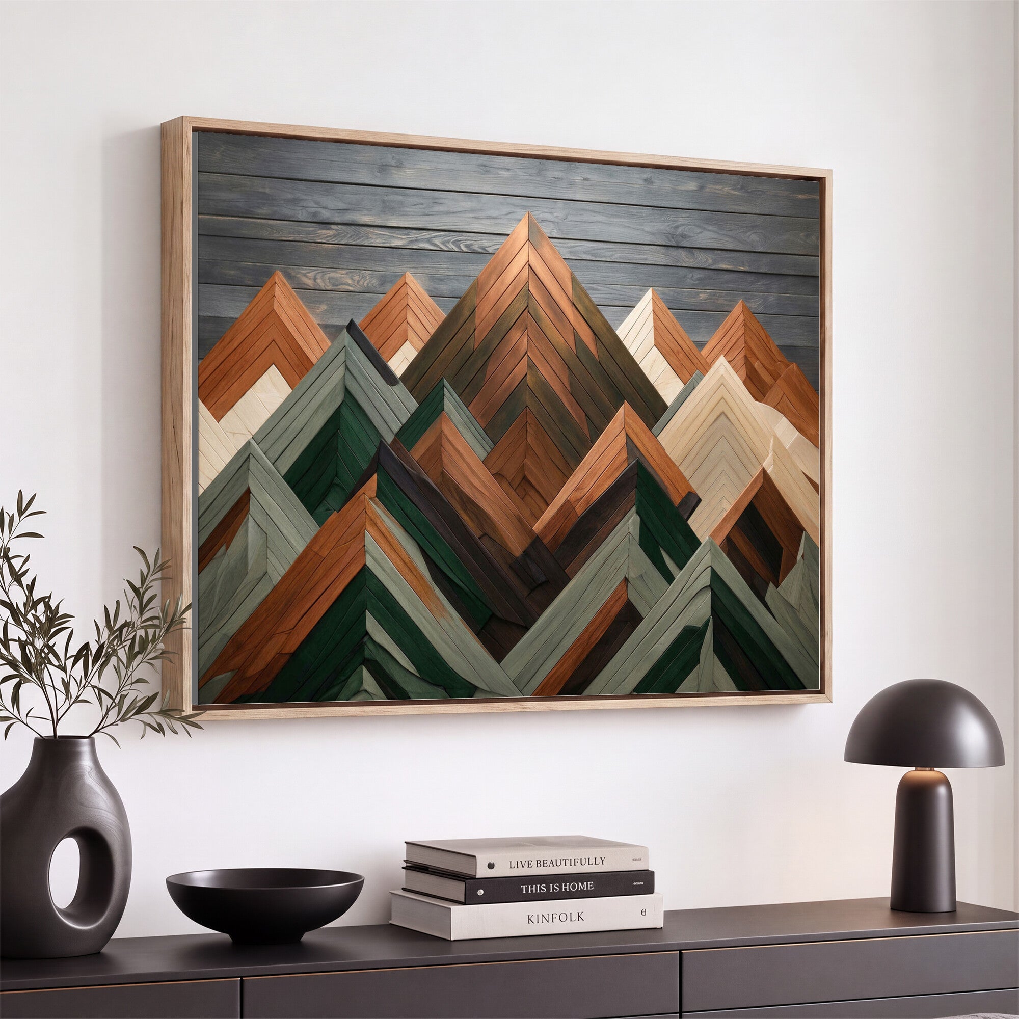 84617347-MGV-CV-36X24 - Geometric Wood Mountain Wall Art Canvas Print, 3D Look Rustic Mosaic Landscape Print