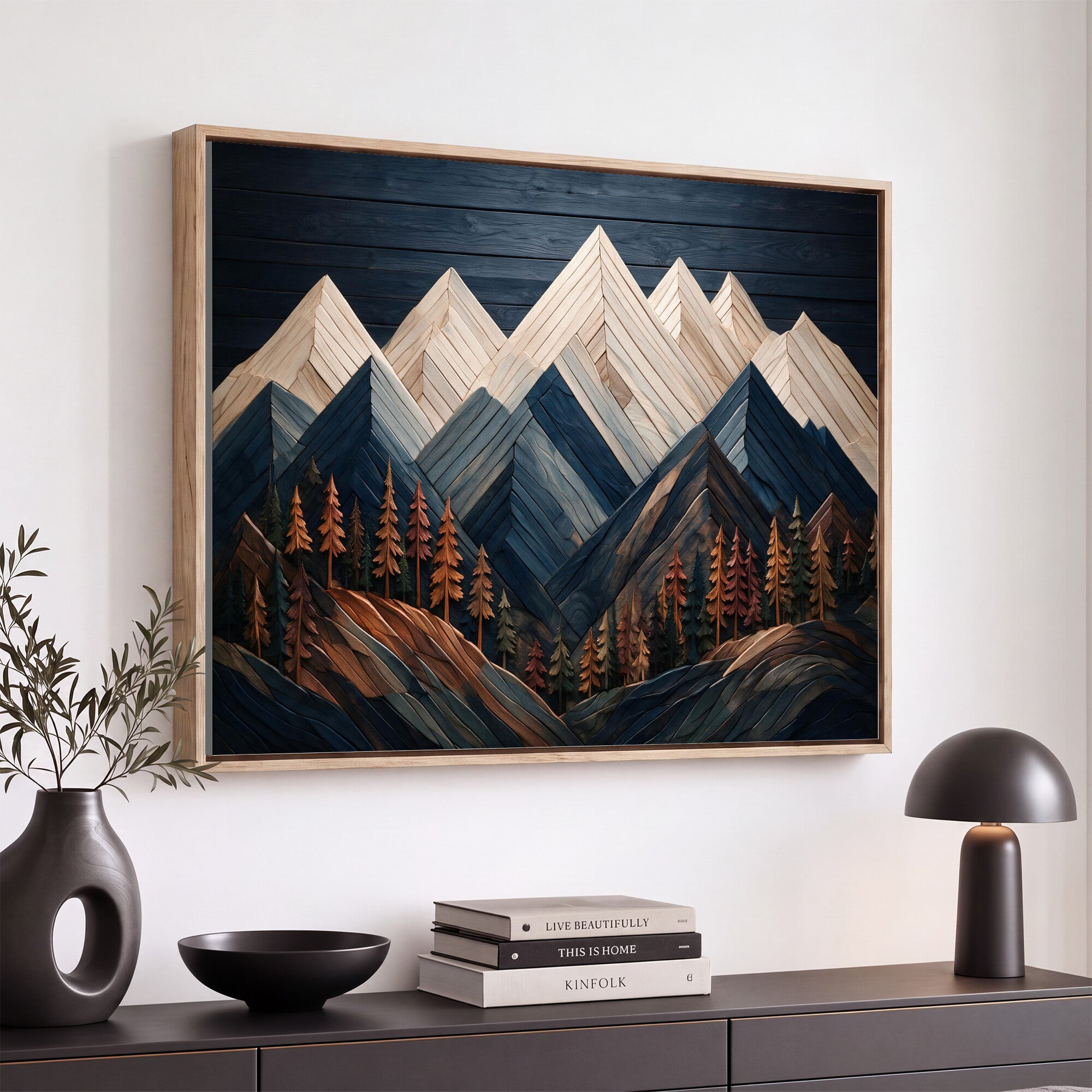 87765072-MGV-CV-36X24 - Geometric Wood Mountain Wall Art Canvas Print, 3D Look Rustic Mosaic Landscape Print