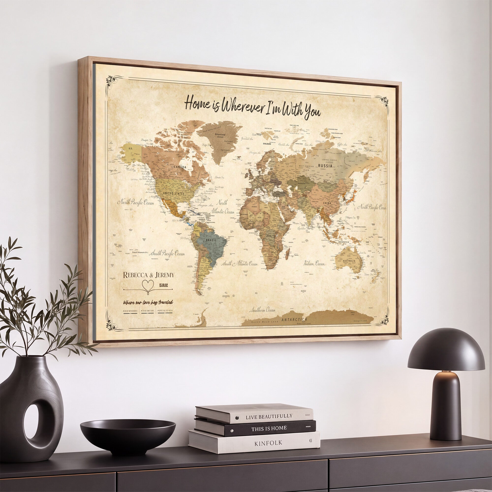 40086165SP-MGV-CV-36X24 - Custom Push Pin Travel Map Canvas Print, Cream Personalized Travel Tracker Map, Anniversary Gift, Vintage World Map Wall Art