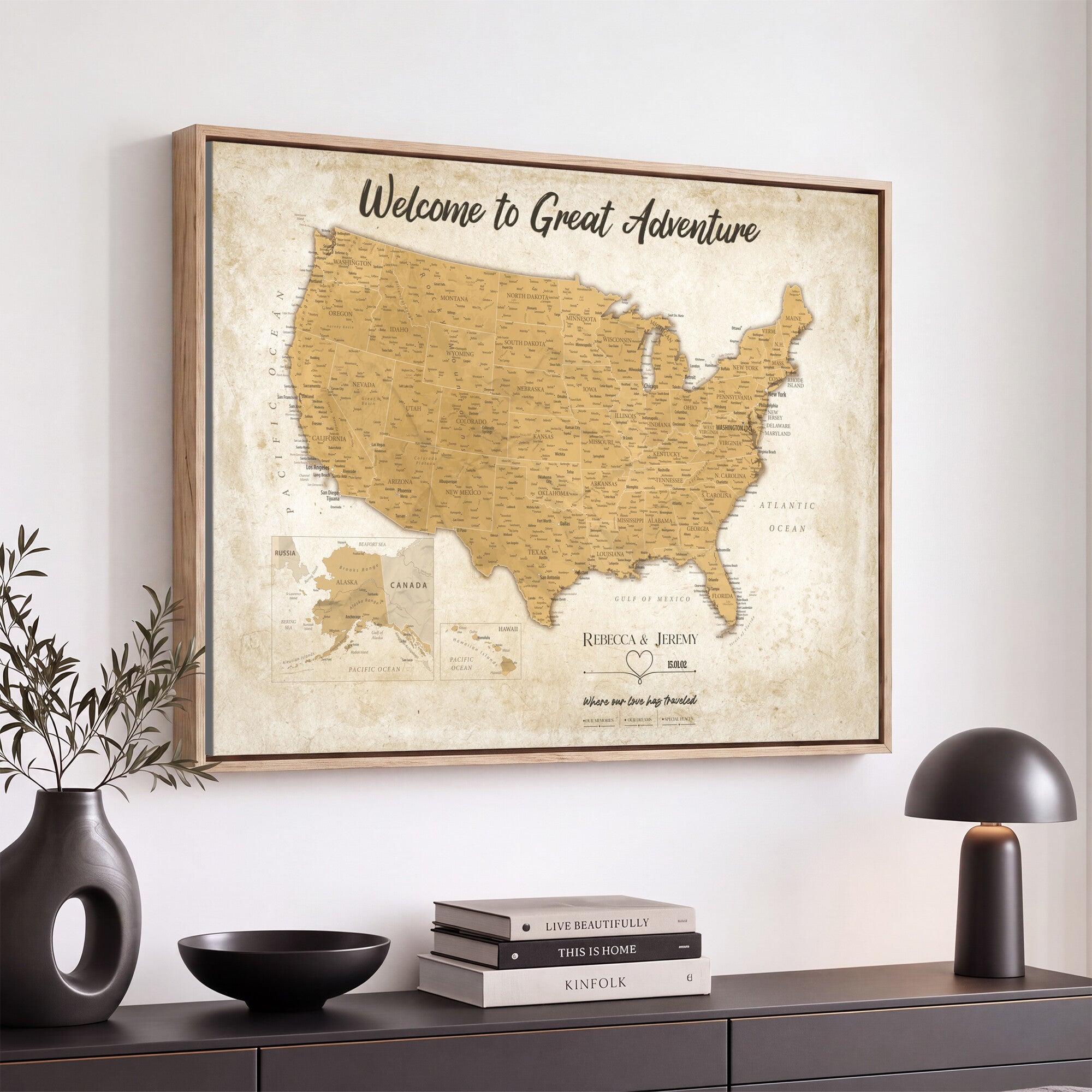 81437082-MGV-CV-36X24 - Custom Push Pin Travel USA Map Canvas Print, Cream Personalized Travel Tracker America Map, Anniversary Traveler Gift