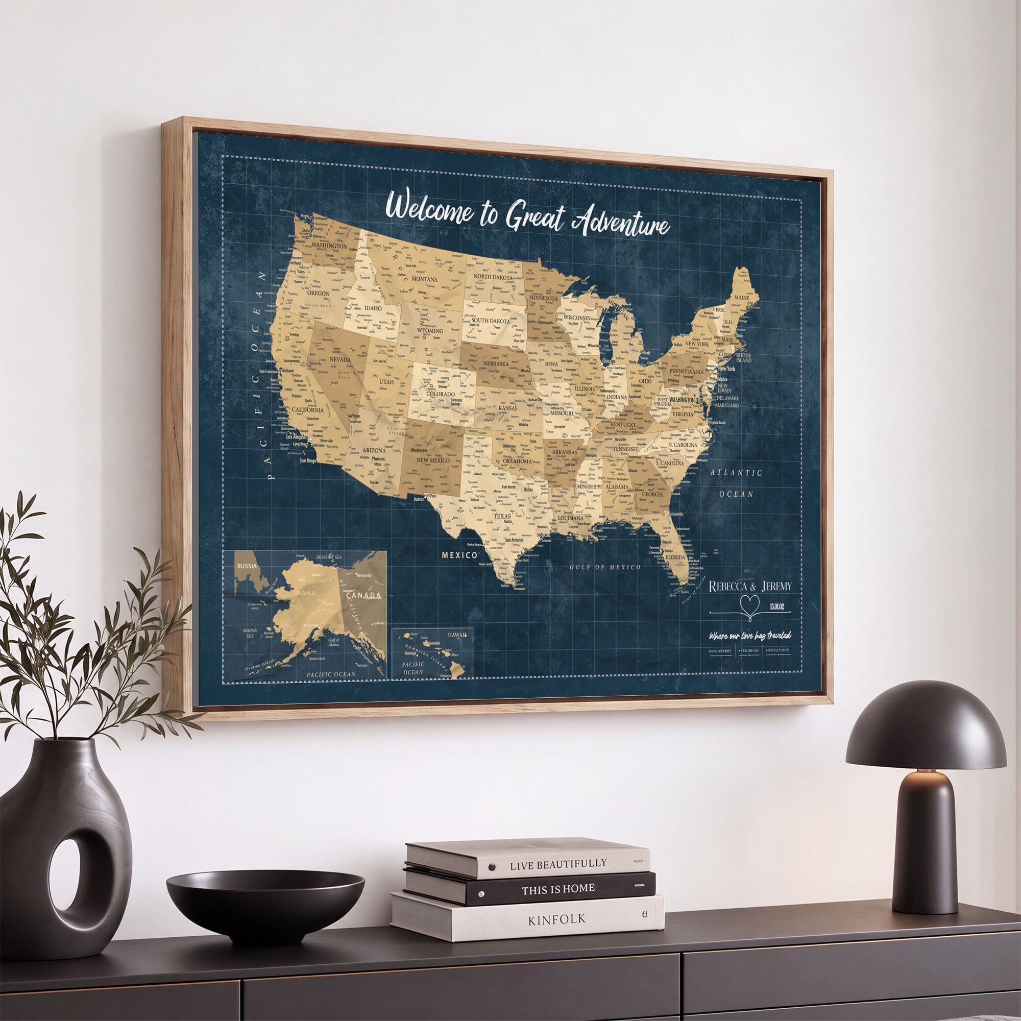 58851035-MGV-CV-36X24 - Custom Push Pin Travel USA Map Canvas Print, Cream Personalized Travel Tracker America Map, Anniversary Traveler Gift