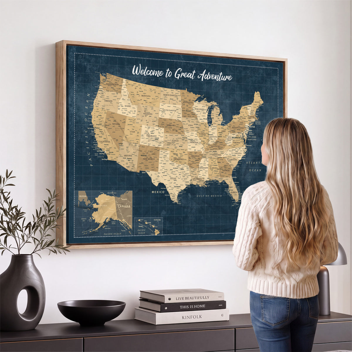 58851035-MGV-CV-36X24 - Custom Push Pin Travel USA Map Canvas Print, Cream Personalized Travel Tracker America Map, Anniversary Traveler Gift
