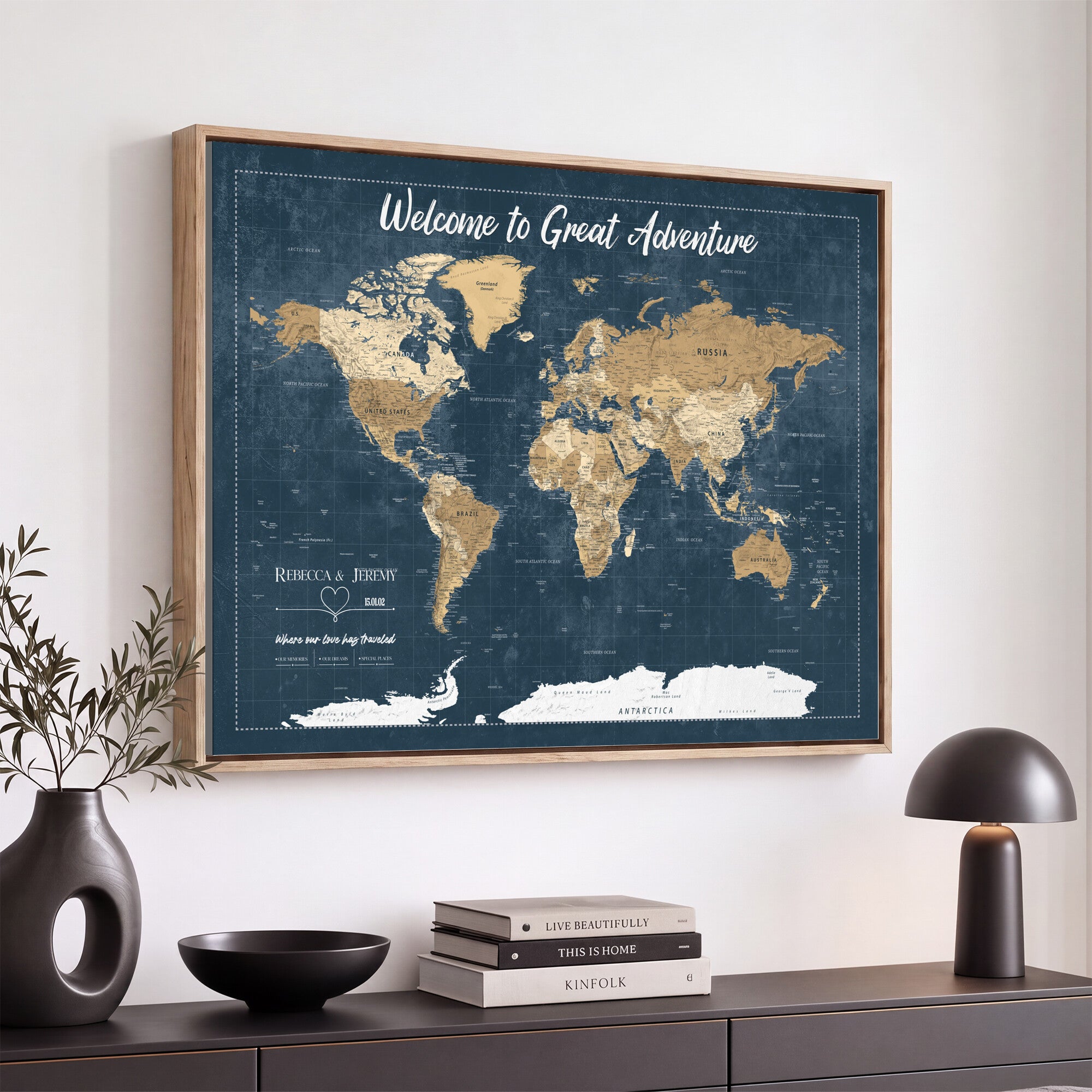 57167164-MGV-CV-36X24 - Custom Push Pin Travel Map Canvas Print, Cream Personalized Travel Tracker Map, Anniversary Gift, Vintage World Map Wall Art