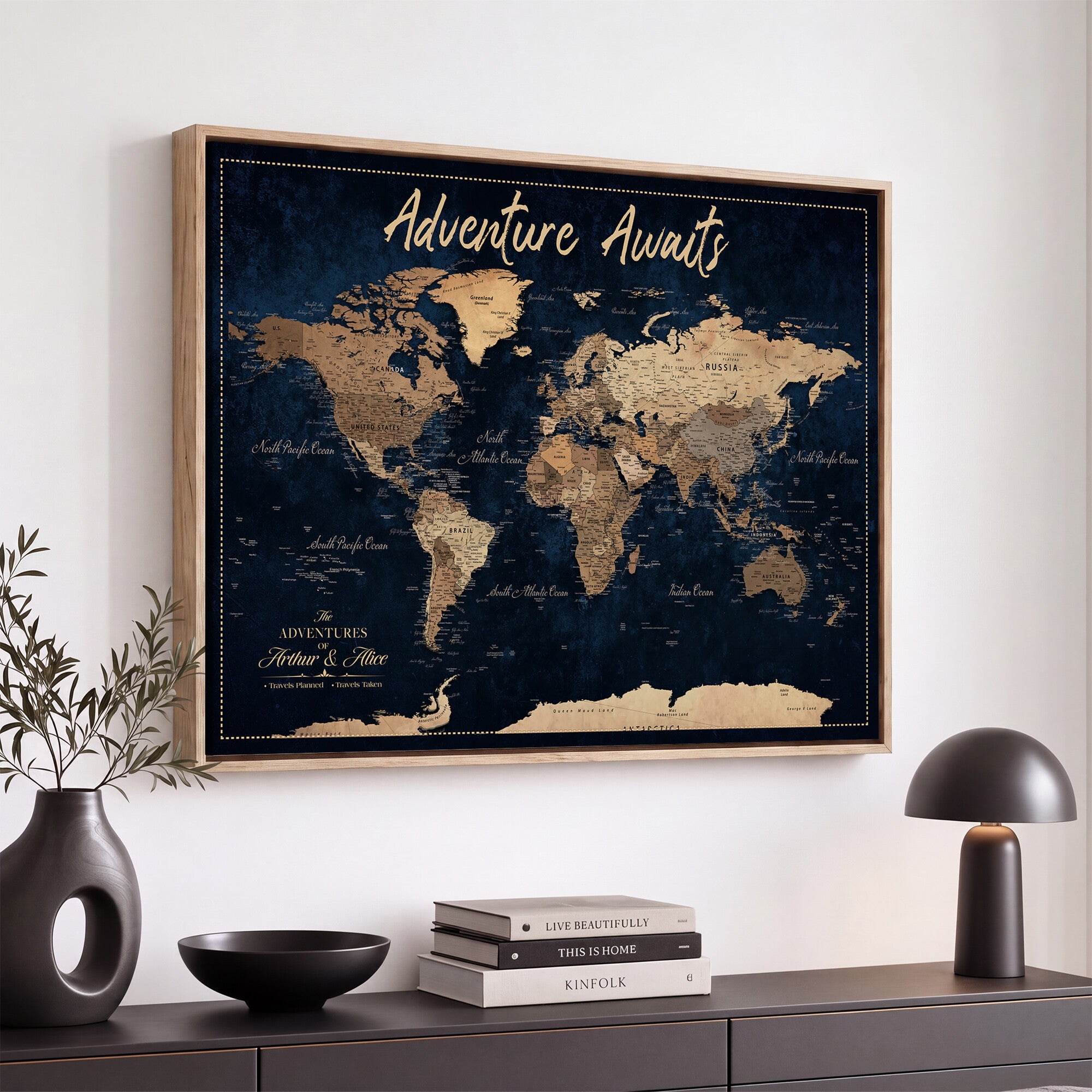 57167164-MGV-CV-36X24 - Custom Push Pin Travel Map Canvas Print, Navy Blue Personalized Travel Tracker Map, Anniversary Gift, Vintage World Map Wall Art