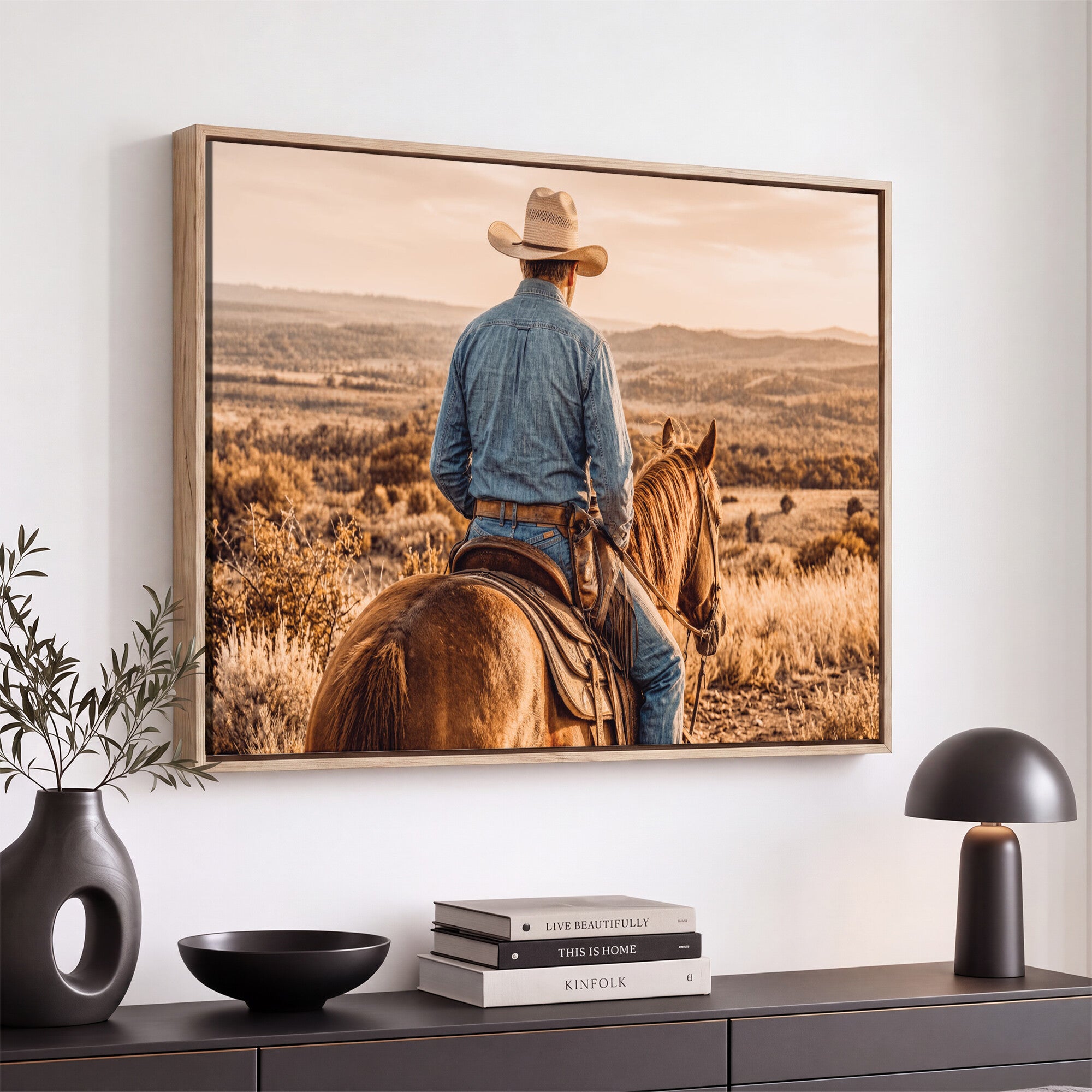 62076449-MGV-CV-36X24 - Texas Cowboy and Horse Print for Western Wall Art Decor for Farmhouse