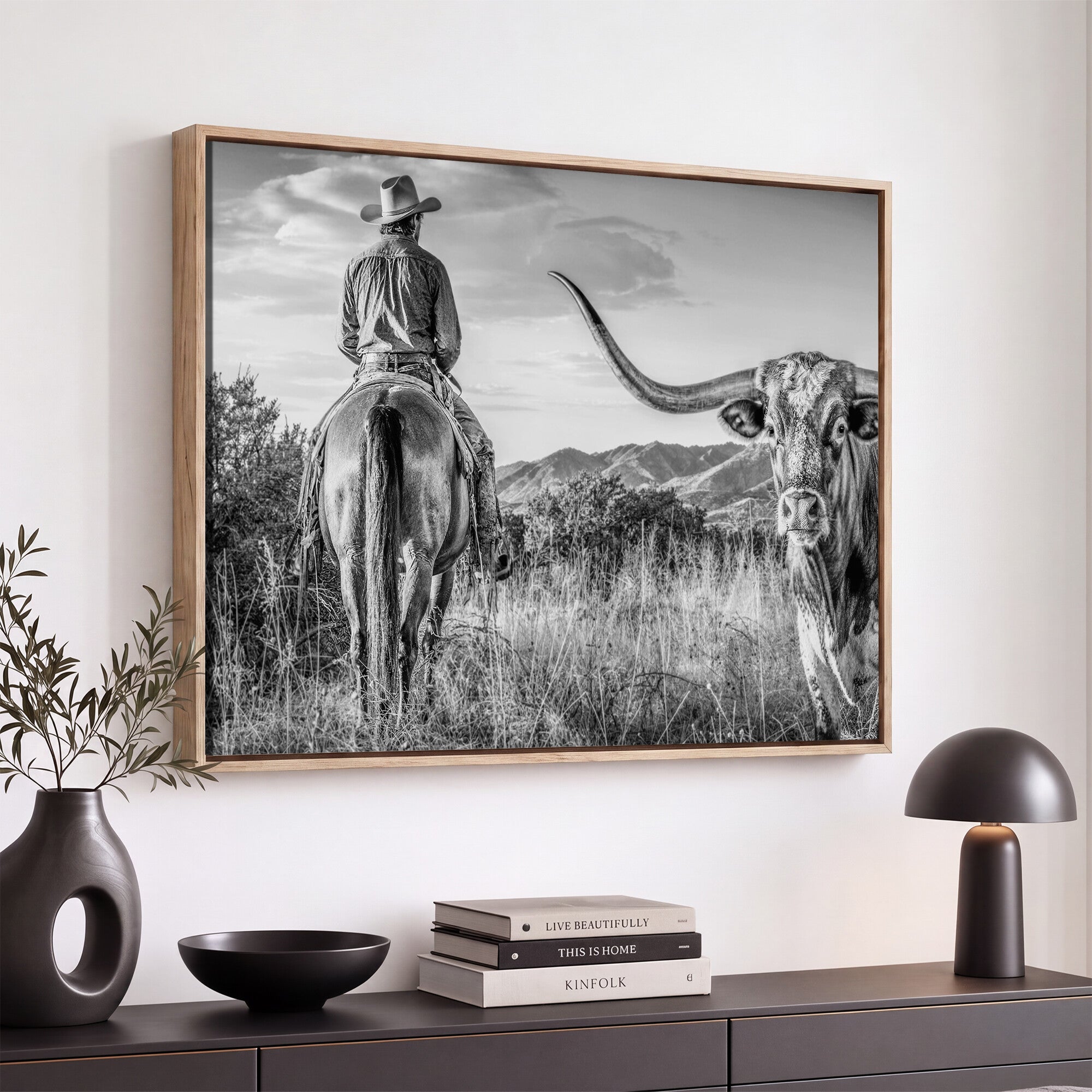 62076449WB-MGV-CV-36X24 - Texas Cowboy and Longhorn Bull Print for Western Wall Art Decor for Farmhouse