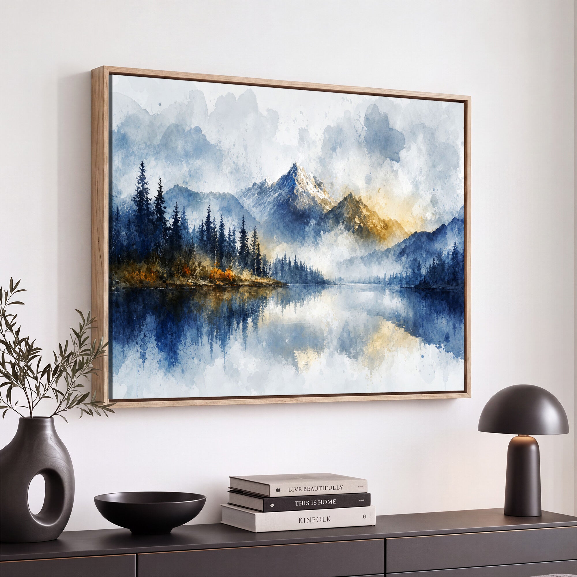 62076449DG-MGV-CV-36X24 - Abstract Watercolor Mountain Lake Wall Art Print for Living Room Decor