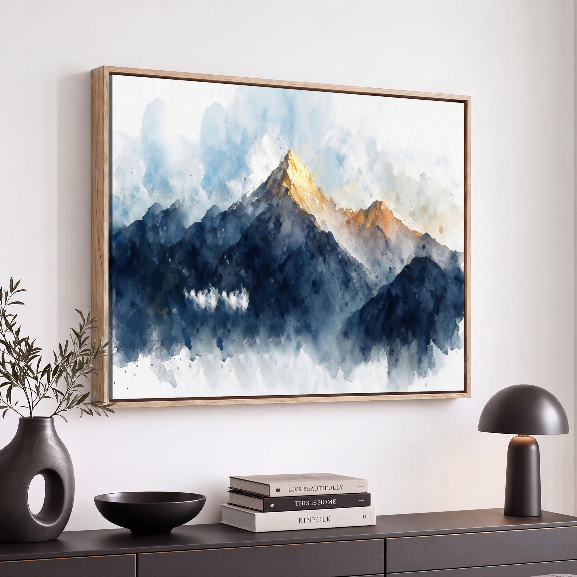 62076449DG1-MGV-CV-36X24 - Abstract Watercolor Mountain Lake Wall Art Print for Living Room Decor