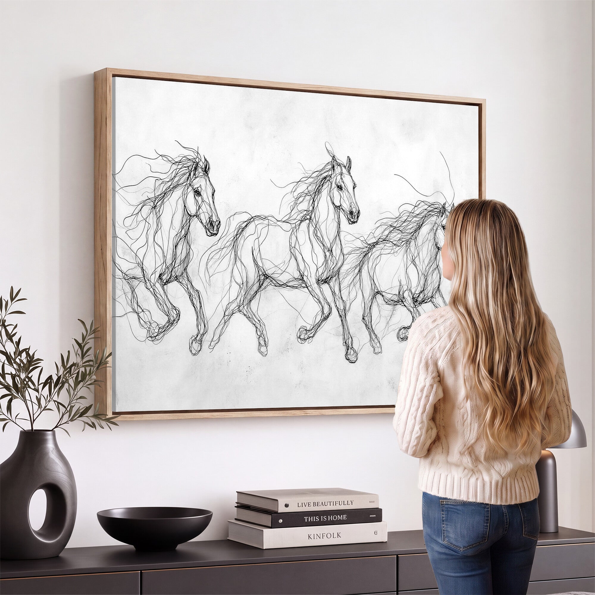 53600119-MGV-CV-36X24 - Monochrome Horse Canvas Wall Art, Black Ink Sketch Wild Horses Print, Minimalist Equestrian Artwork, Modern Abstract Line Decor, Urban Loft Gift