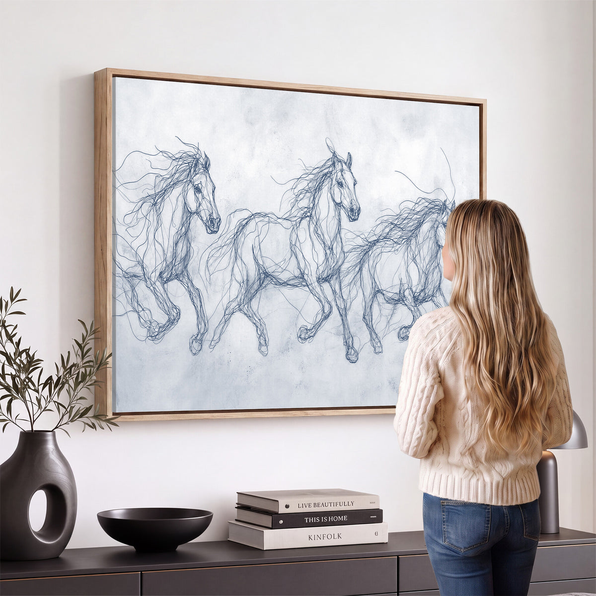 41163601-MGV-CV-36X24 - Indigo Blue Horse Line Art Canvas, Steel Grey Wild Horses Print, Abstract Navy Scribble Artwork, Modern Slate Equine Wall Decor, Coastal Ranch Gift