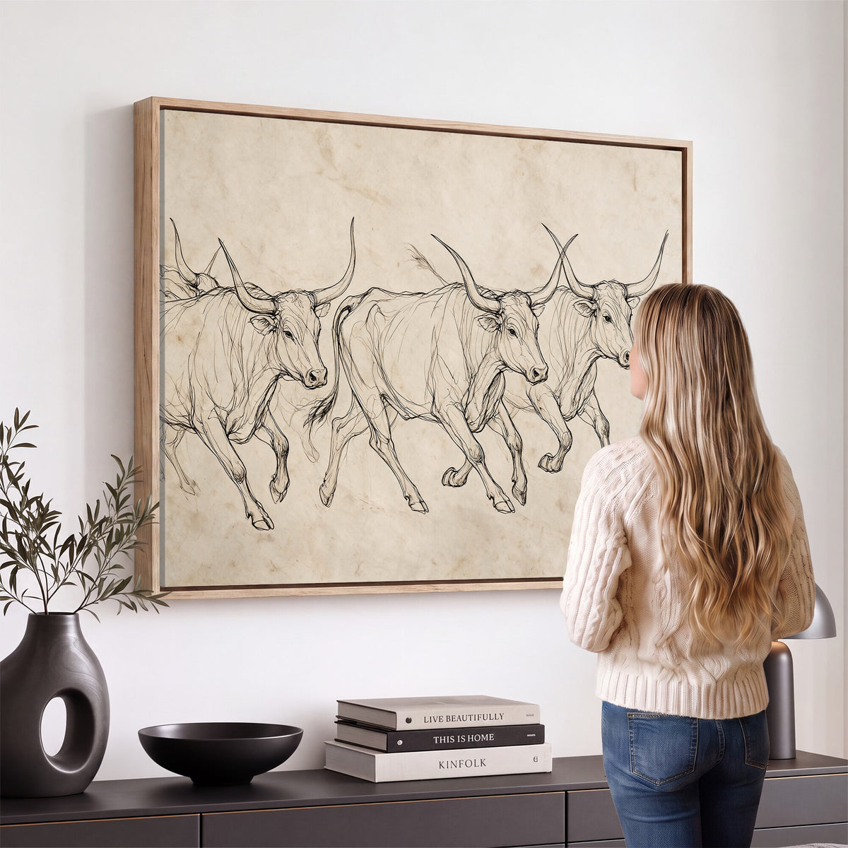 87177621-MGV-CV-36X24 - Minimalist Longhorn Line Art, Modern Texas Bull Canvas Print, Abstract Western Wall Decor, Continuous Line Artwork, Black White Ranch Gift