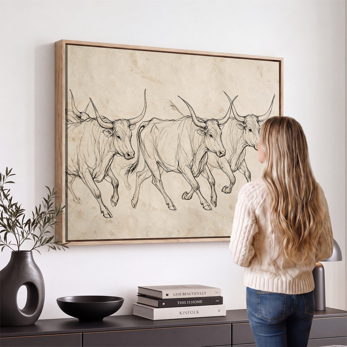 87177621-MGV-CV-36X24 - Minimalist Longhorn Line Art, Modern Texas Bull Canvas Print, Abstract Western Wall Decor