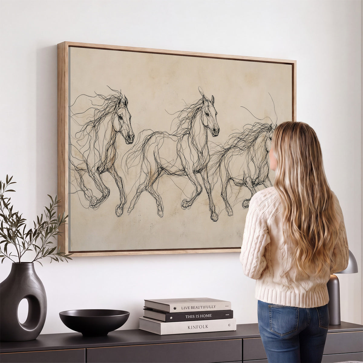 81051673-MGV-CV-36X24 - Abstract Horse Line Art Canvas, Gesture Sketch Wild Horses Print, Modern Scribble Artwork, Minimalist Equine Wall Decor, Rustic Studio Gift