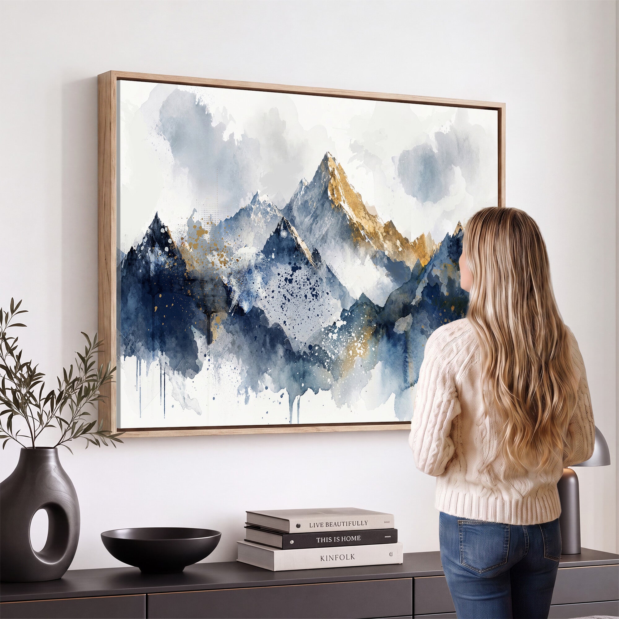 87460616-MGV-CV-36X24 - Abstract Mountain Canvas Wall Art, Blue Gold Foil Landscape Print, Modern Indigo Watercolor Poster, Large Abstract Nature, Luxury Office Gift