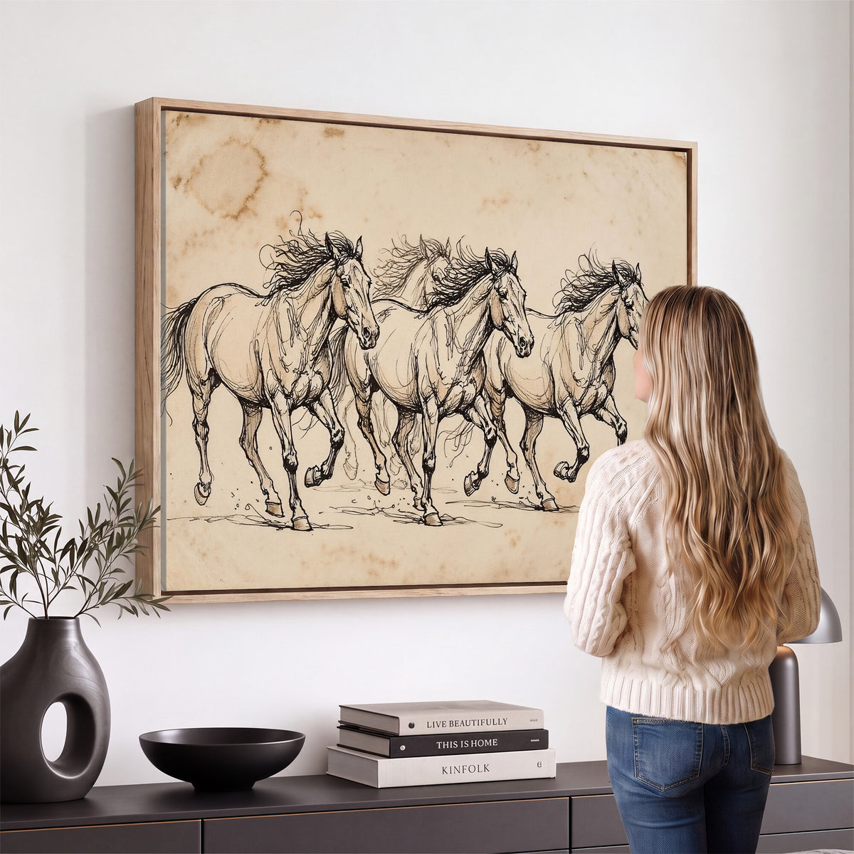 18242163-MGV-CV-36X24 - Vintage Horse Sketch Canvas Wall Art, Wild Horses Pencil Drawing Print, Antique Parchment Western Decor, Equine Sketching, Country Manor Gift