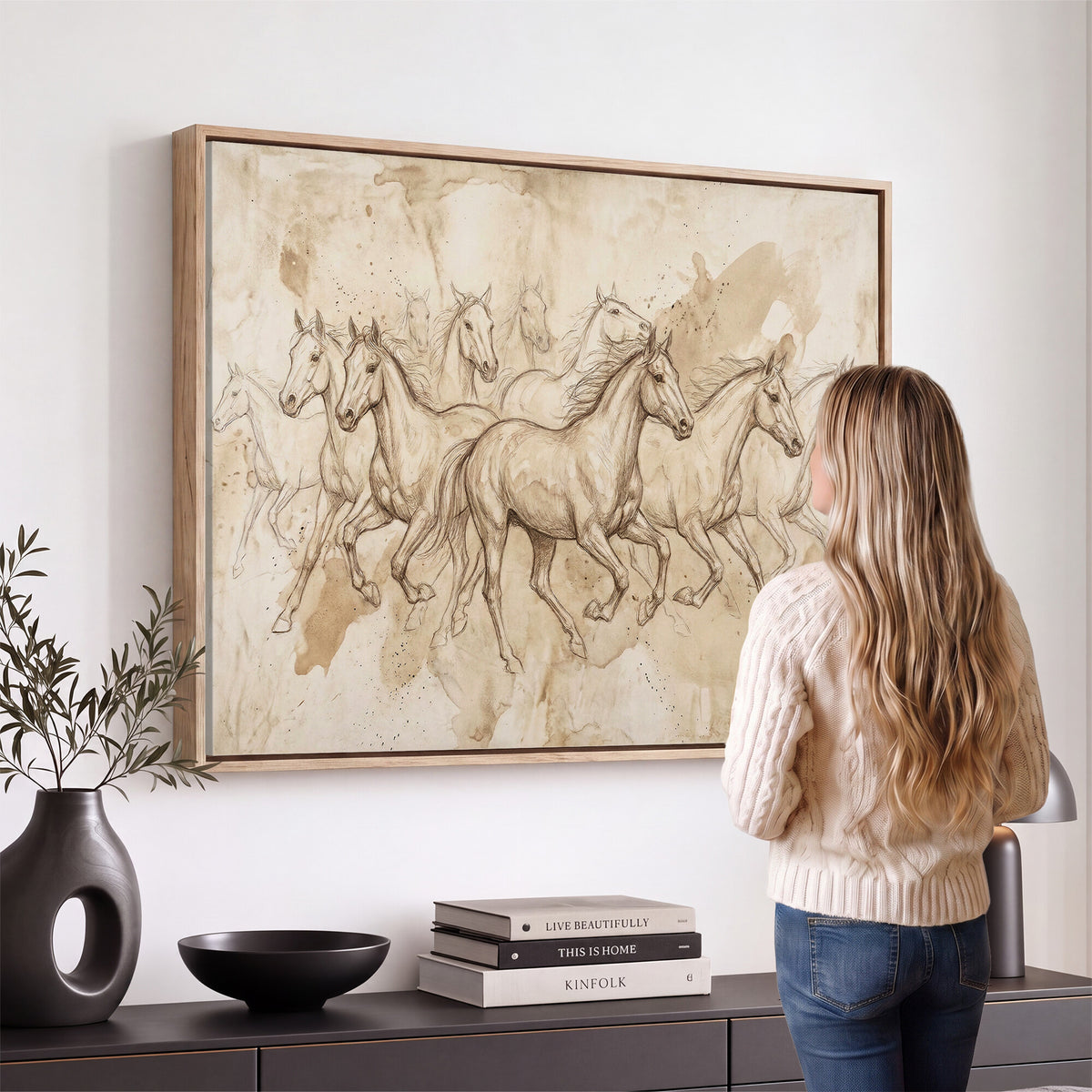 52233469-MGV-CV-36X24 - Vintage Horse Sketch Canvas Wall Art, Wild Horses Pencil Drawing Print, Antique Parchment Western Decor, Equine Sketching, Country Manor Gift