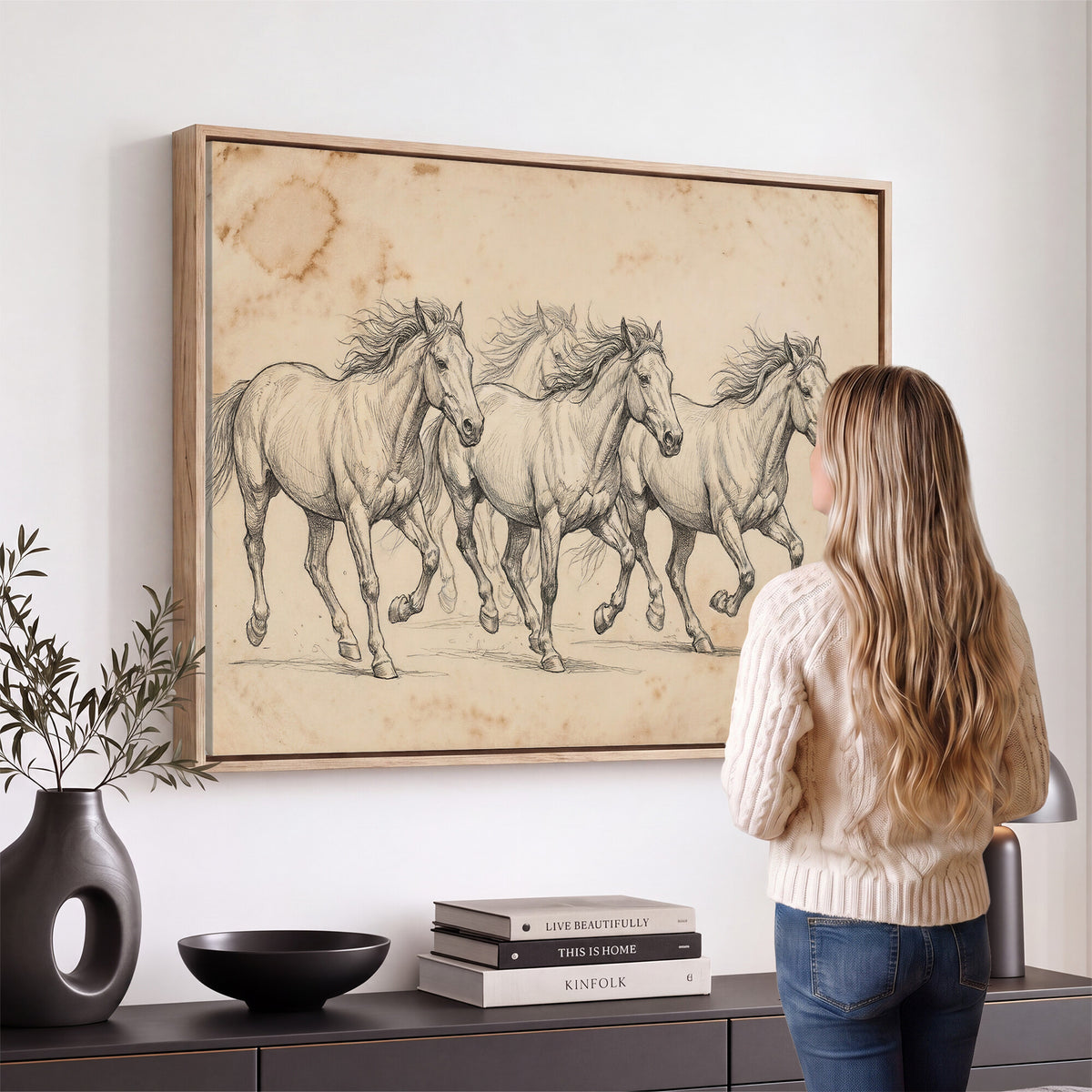 16644391-MGV-CV-36X24 - Vintage Horse Sketch Canvas Wall Art, Wild Horses Pencil Drawing Print, Antique Parchment Western Decor, Equine Sketching, Country Manor Gift