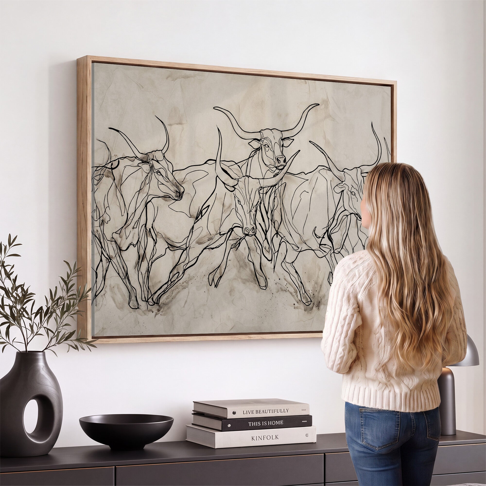 16671245-MGV-CV-36X24 - Minimalist Longhorn Line Art, Modern Texas Bull Canvas Print, Abstract Western Wall Decor, Continuous Line Artwork, Black White Ranch Gift