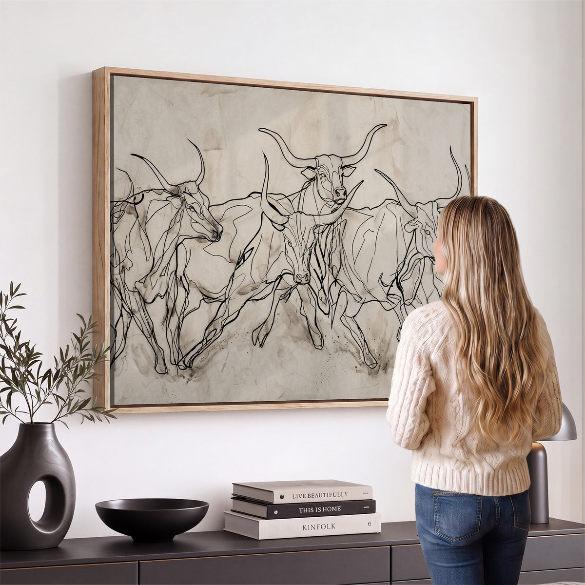 16671245-MGV-CV-36X24 - Minimalist Longhorn Line Art, Modern Texas Bull Canvas Print, Abstract Western Wall Decor