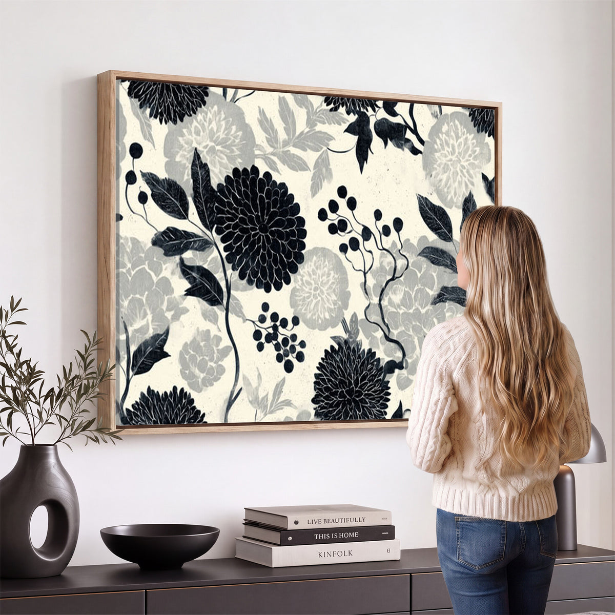 61524791-MGV-CV-36X24 - Vintage Black Chrysanthemum Wall Art Canvas Print, Monochrome Dhalia Floral Painting Print