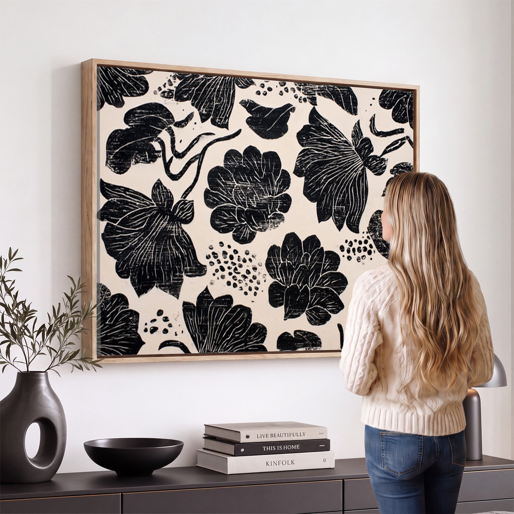 81787117-MGV-CV-36X24 - Linocut Black Lotus Floral Wall Art Canvas Print, Vintage Monochrome Botanical Painting Print