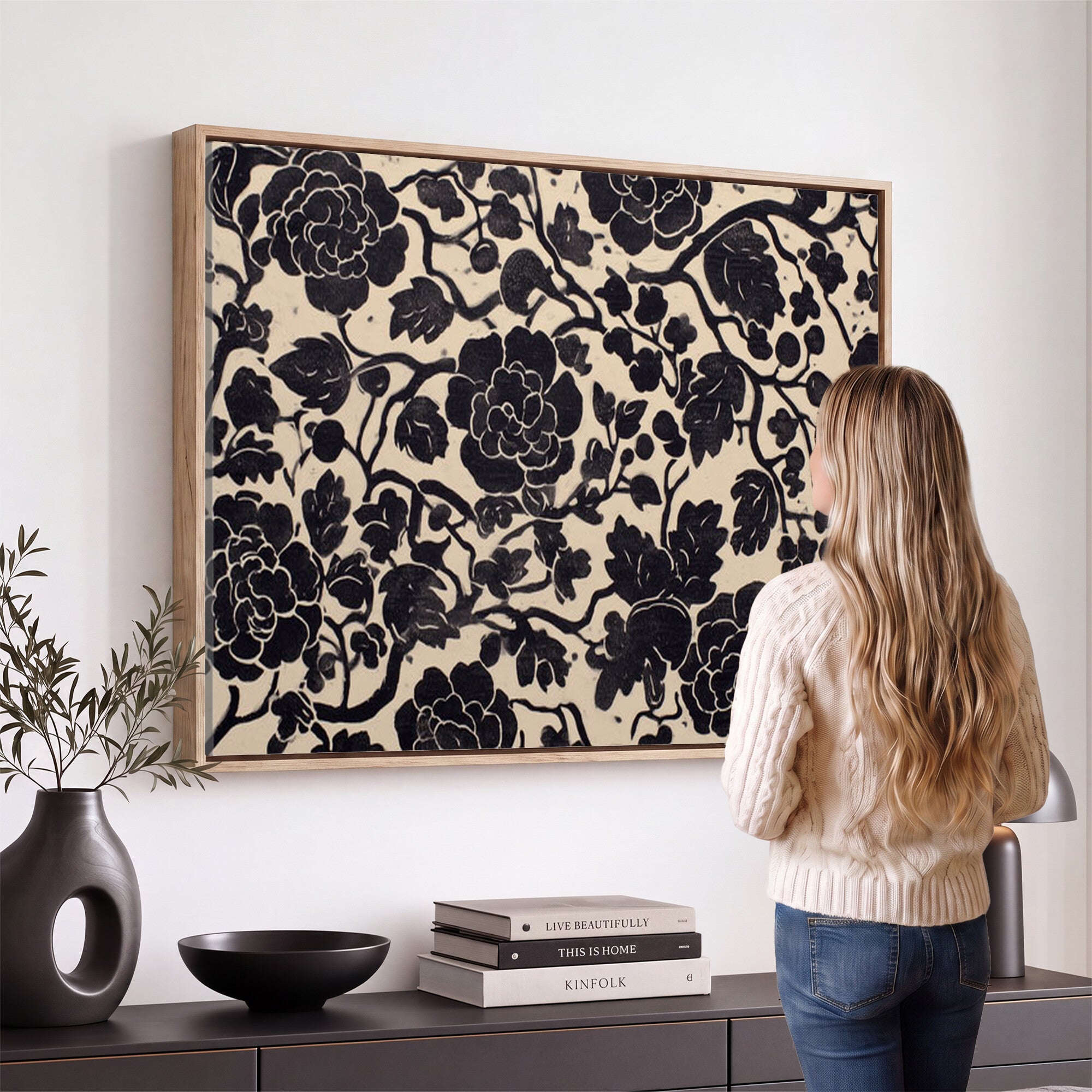 86696255-MGV-CV-36X24 - Vintage Black and Cream Floral Wall Art Canvas Print, Chinoiserie Botanical Painting Print