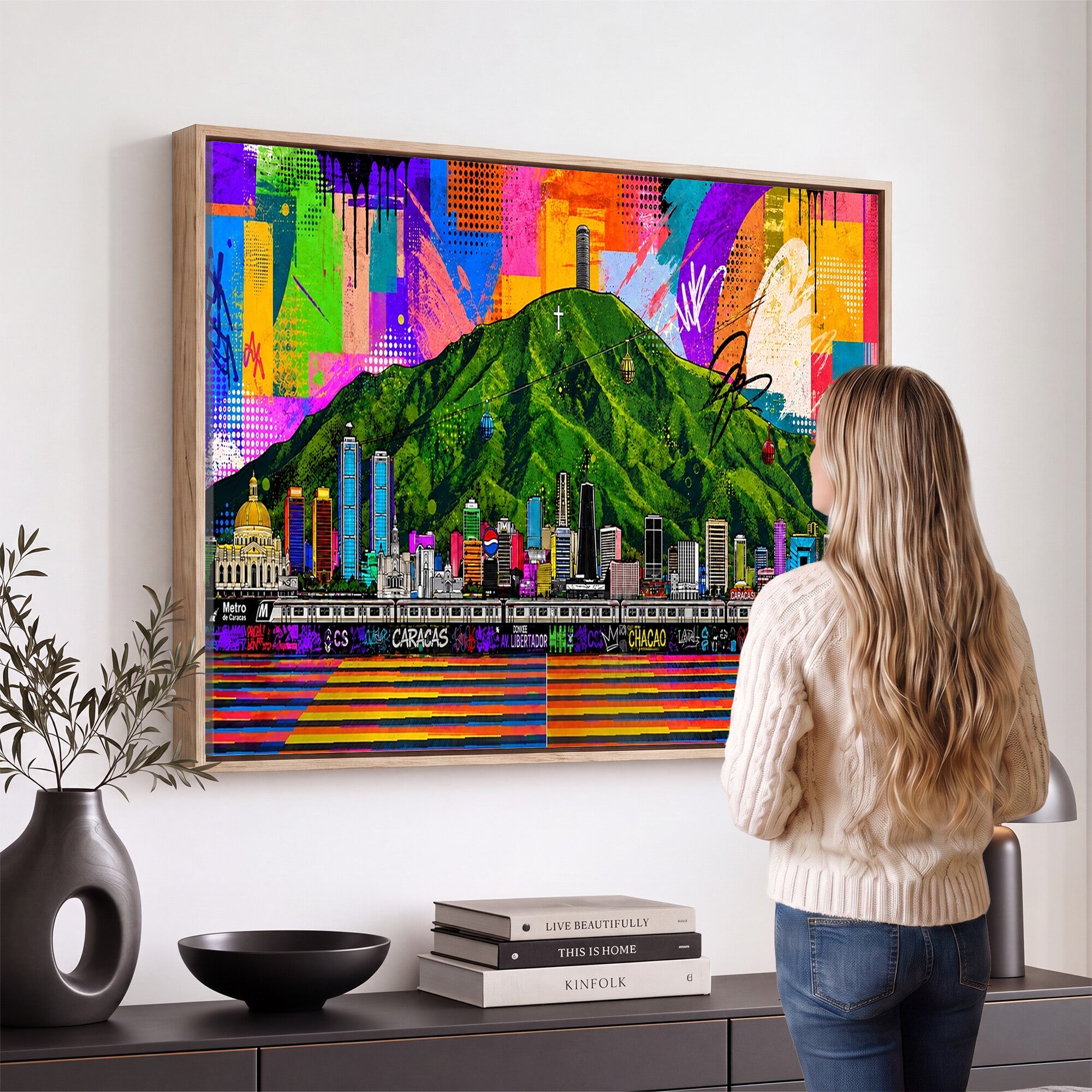 86696255-MGV-CV-36X24 - Mount Ávila, Caracas, Venezuela Wall Art Print by Artist Yorlette - Graffiti Caracas Skyline Canvas Art, Colorful Street Artwork - Venezuela El Avila Poster Print