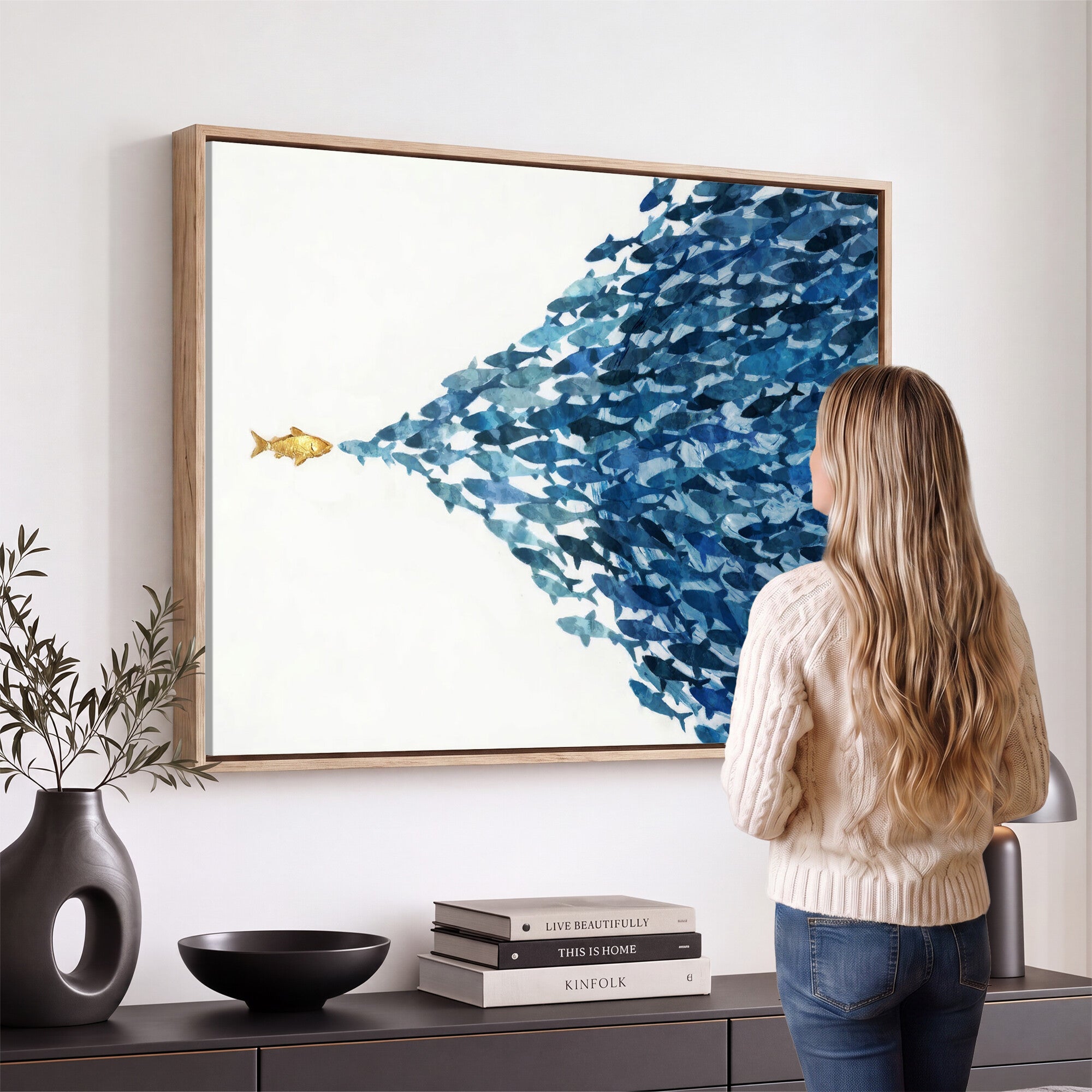 79089639-MGV-CV-36X24 - Abstract Blue Fish School Canvas Wall Art, Gold Foil Accent Marine Print