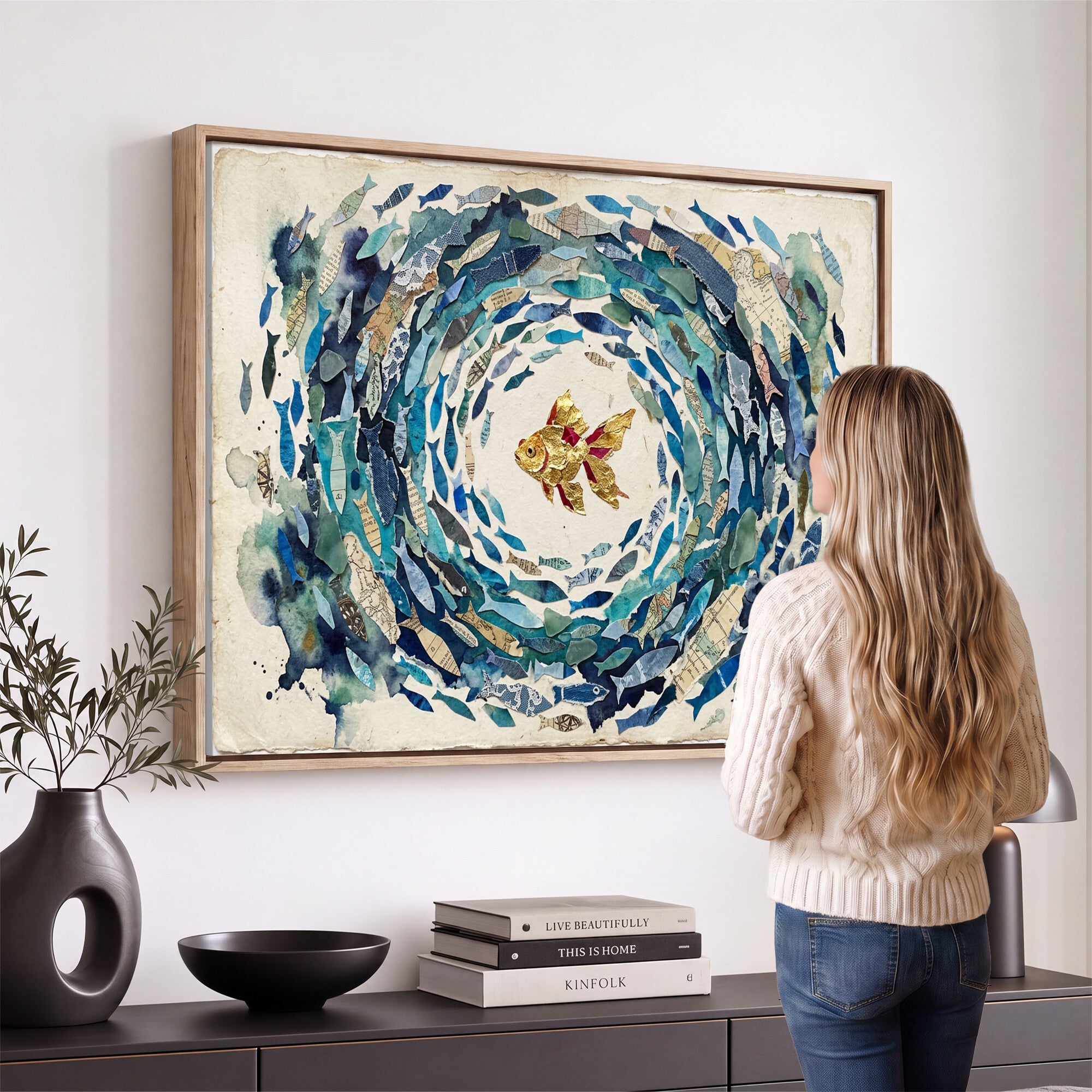 73165663-MGV-CV-36X24 - Mixed Media Blue Fish Swirl Canvas Wall Art, Goldfish Collage Ocean Print