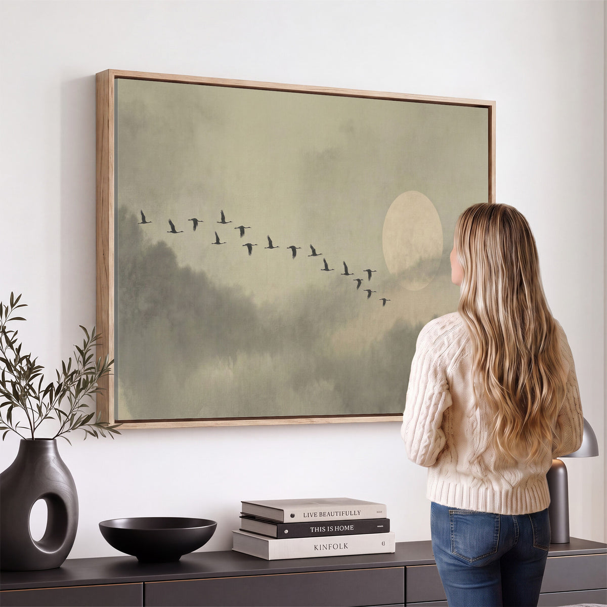 1209814B-MGV-CV-36X24 - Flying Cranes Canvas Wall Art, Misty Landscape with Moon, Sage Green Japandi Decor, Framed Print