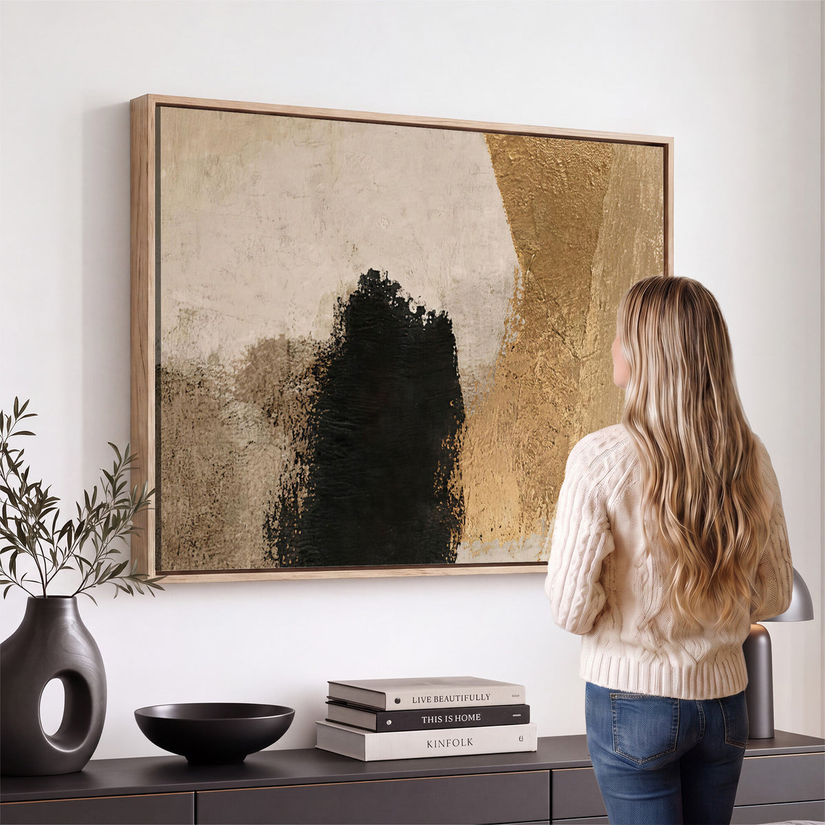 57715470-MGV-CV-36X24 - Modern Black Gold Abstract Canvas Wall Art Print, Luxury Fine Art Picture Print